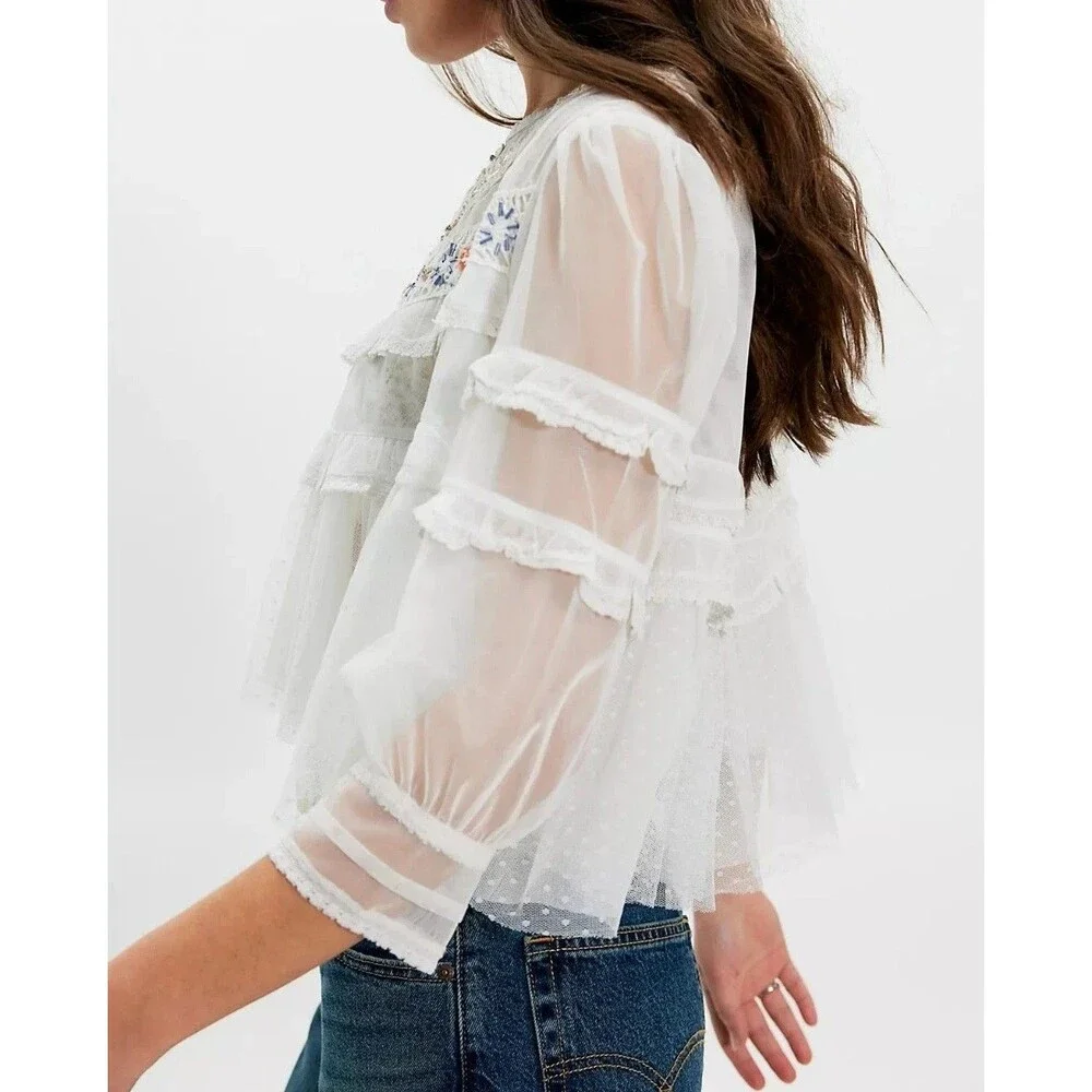 Free People Daisy Daze Blouse Top Ruffle Embroidered Lace Sheer Sequin XS 289937